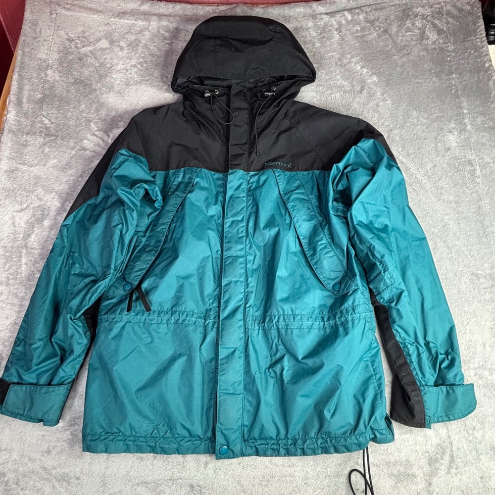 Marmot Gore-Tex Rain Jacket Mens M Teal Black Vintage 1281 Hooded Hiking Shell